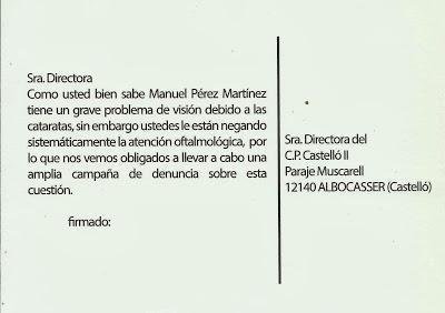 Modelo de carta que Azarug anima a enviar a la cárcel de Castellon para exigir atención sanitaria para el líder de los GRAPO.