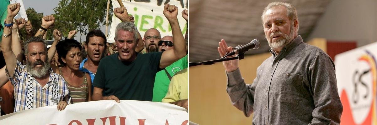 Juan Manuel Sánchez-Gordillo y Diego Cañamero, en una marcha del SAT; y Julio Anguita, en un mitin político.