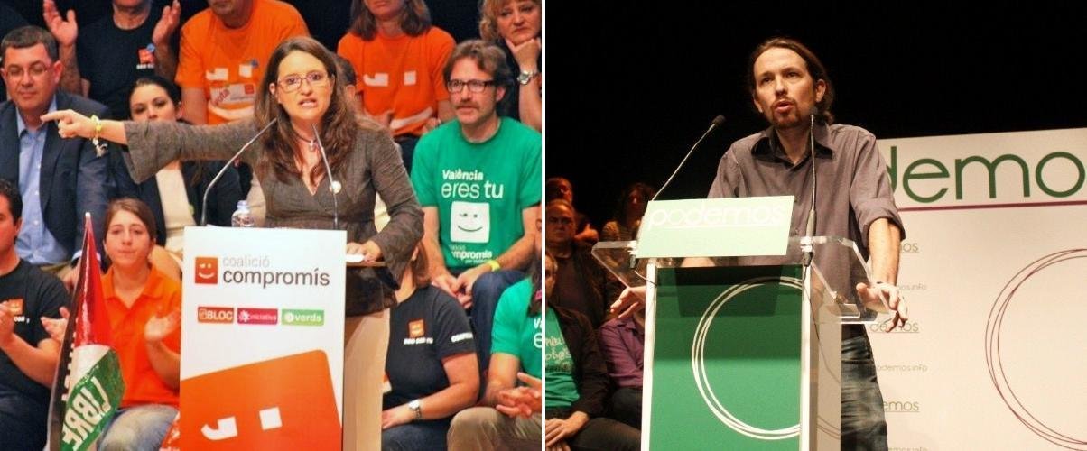 La portavoz de Compromís, Mónica Oltra, y el líder de Podemos, Pablo Iglesias.