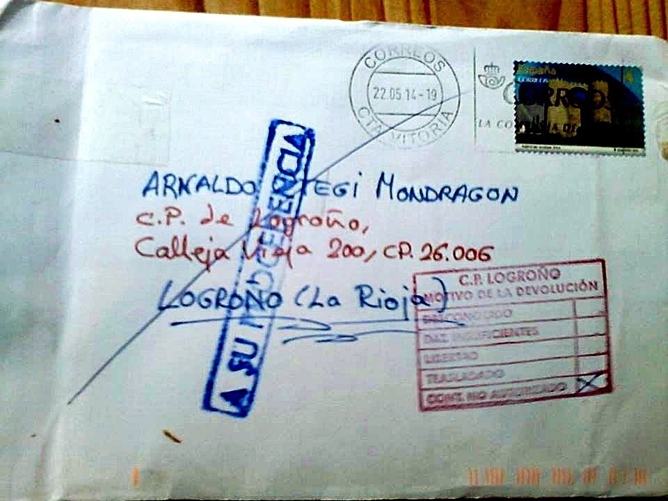 Carta enviada a Arnaldo Otegi y devuelta por la prisión de Logroño como "contenido no autorizado".