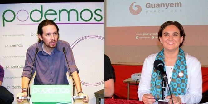 Pablo Iglesias, en un mitin de Podemos; y Ada Colau, en la presentación de Guanyem Barcelona.