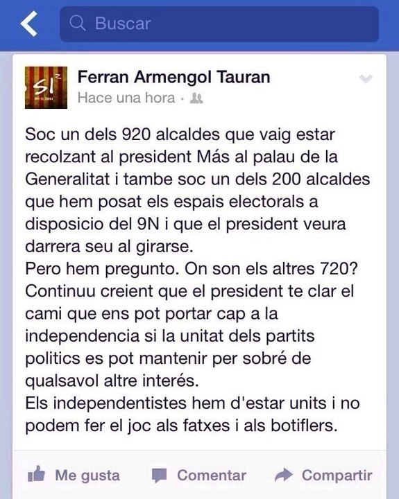 Mensaje del alcalde de Argentona, Ferran Armengol, sobre la consulta independentista.