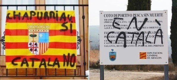 Pancarta en contra y a favor del catalán en el este de Aragón.