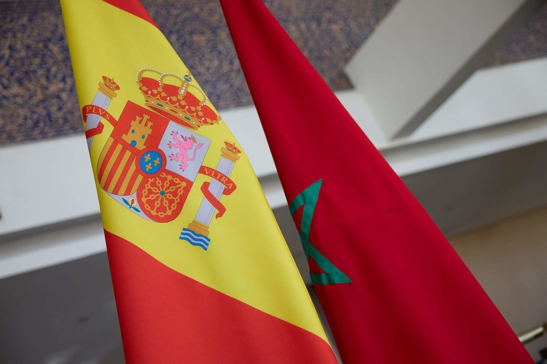 Banderas de España y Marruecos durante la visita del ministro de Asuntos Exteriores, Unión Europea y Cooperación, José Manuel Albares, a Rabat. 