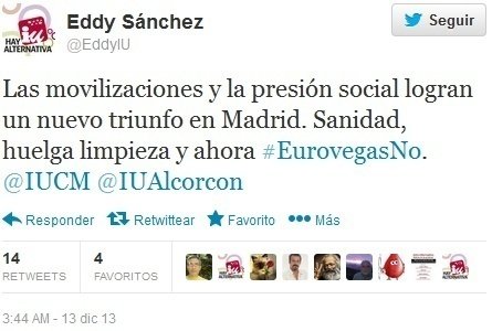 Tuit de Eddy Sánchez (IU) sobre Eurovegas.