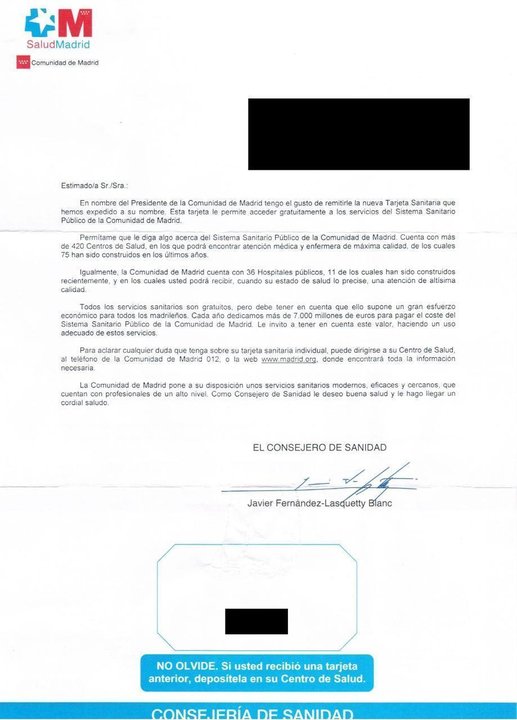 Carta firmada por el ex consejero de Sanidad de Madrid que reciben los madrileños con su nueva Tarjeta Sanitaria.