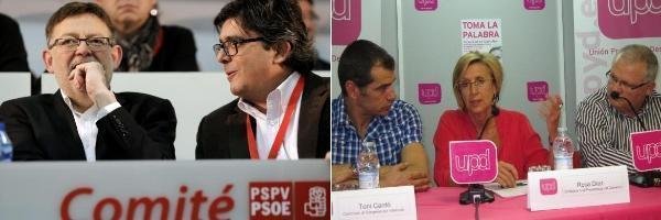 Ximo Puig, en una reunión del PSPV; y Toni Cantó, Rosa Díez y Ramón Muzzati, de UPyD.