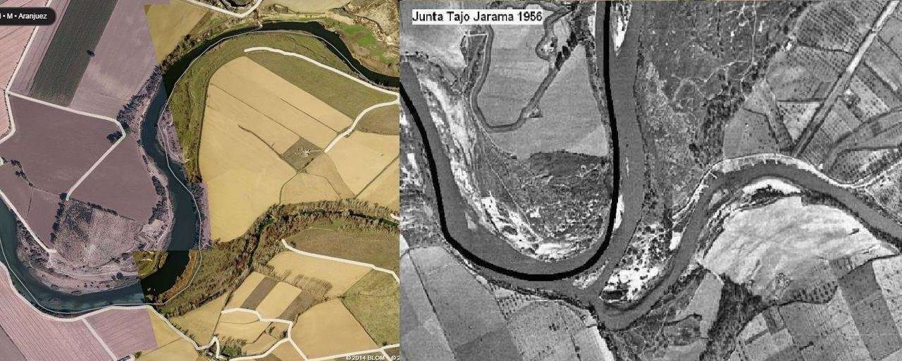 Comparación del río Tajo entre la imagen de 2014 del Tajo y la del  año 1956