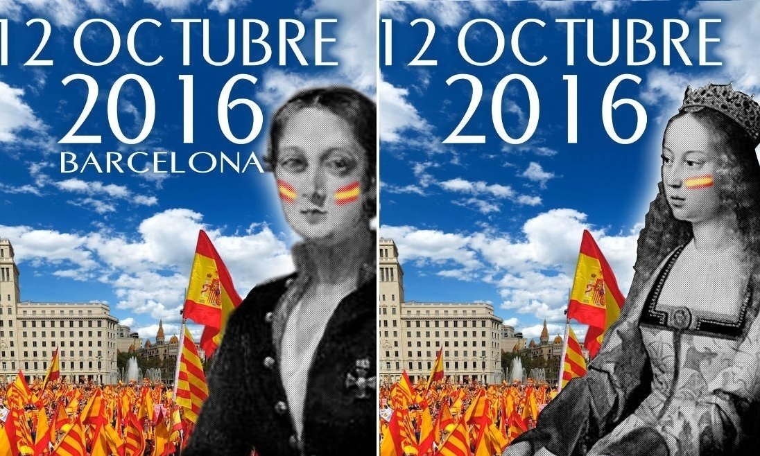 Carteles de la manifestación por el 12 de octubre en Barcelona.
