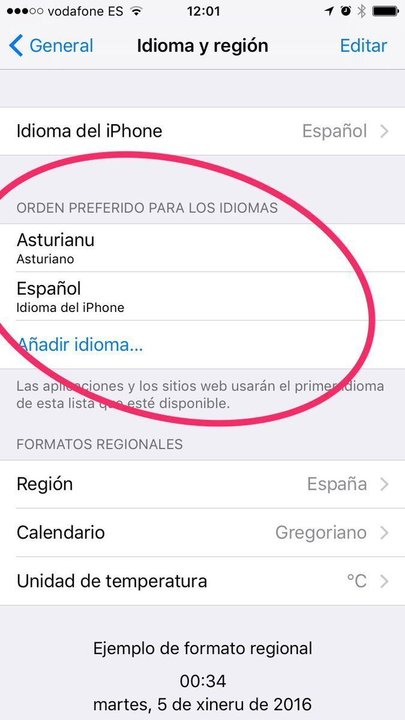 Opción para elegir el asturiano como lengua del iPhone.