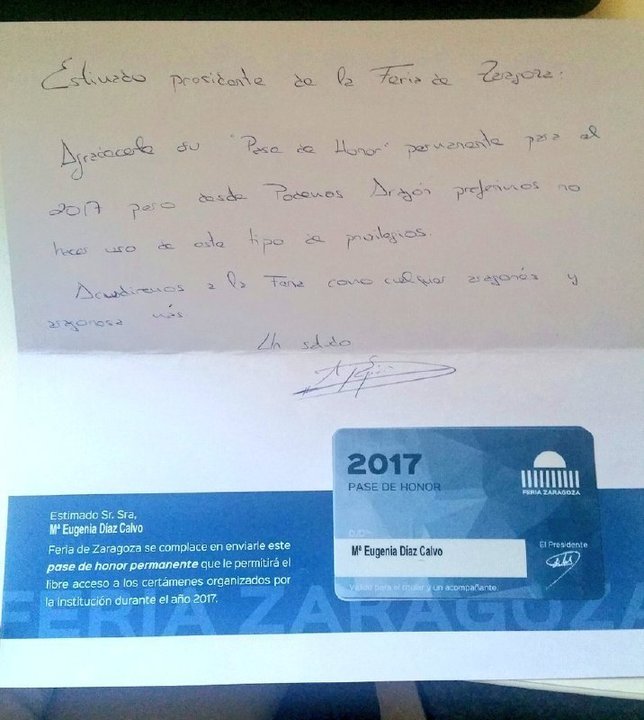 Carta de la diputada aragonesa de Podemos Maru Díaz rechazando el pase de honor de Feria de Zaragoza.